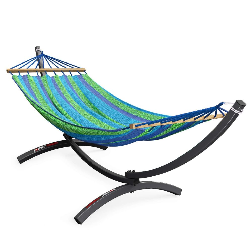 Bunte Outdoor Hängematte in Blau-Grün mit stabilem Metallgestell für Garten oder Terrasse.